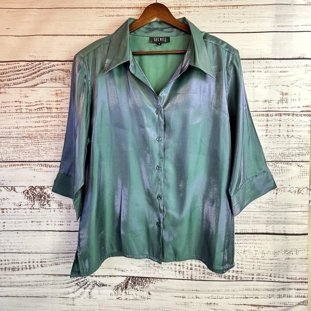 Luminous Silky Blouse XL/18 Teal Green Blue Purple 3/4 Sleeve Collared Statement